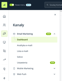Menu z rodzajami kampanii marketingowych m.in. wiadomości e mail czy SMS