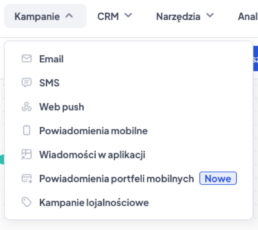 Opcje kampanii w user.com m.in. wysyłanie e maili