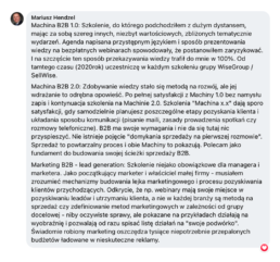 Machina B2B: Szkolenie, do kt&oacute;rego podchodziłem z dużym dystansem, mając za sobą szereg innych, niezbyt wartościowych, zbliżonych tematycznie wydarzeń. Od tamtego czasu uczestniczę w każdym szkoleniu Sellwise - Mariusz Hendzel, właściciel w EwiCenter