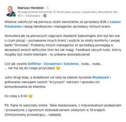 Właśnie zakończył się pierwszy dzień warsztat&oacute;w ze sprzedaży B2B z Łukasz Połubianko i ekipa handlowc&oacute;w i manager&oacute;w sprzedaży r&oacute;żnych branż. - Mariusz Hendzel, CEO w EwiCenter